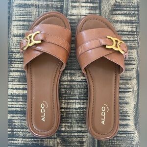 Aldo Women's Tan Slide Sandals with Gold Accent